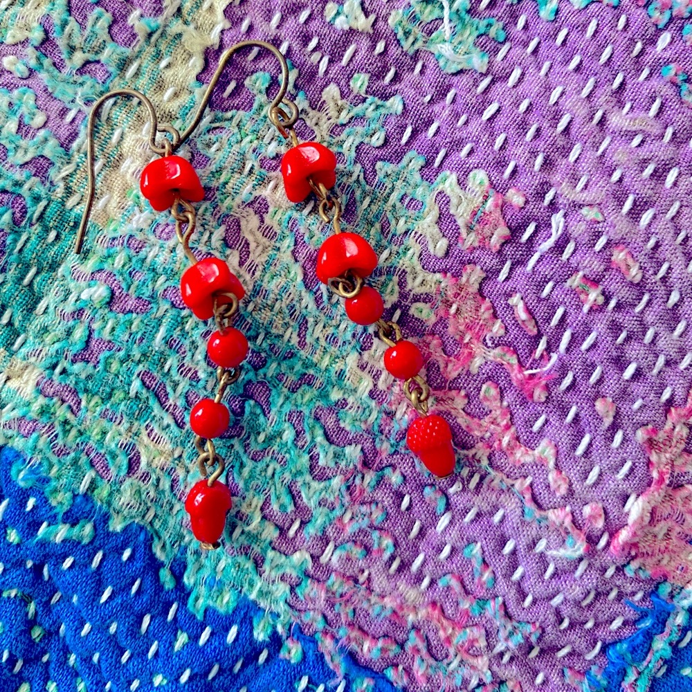 Vintage Red Bohemian Glass Earrings.